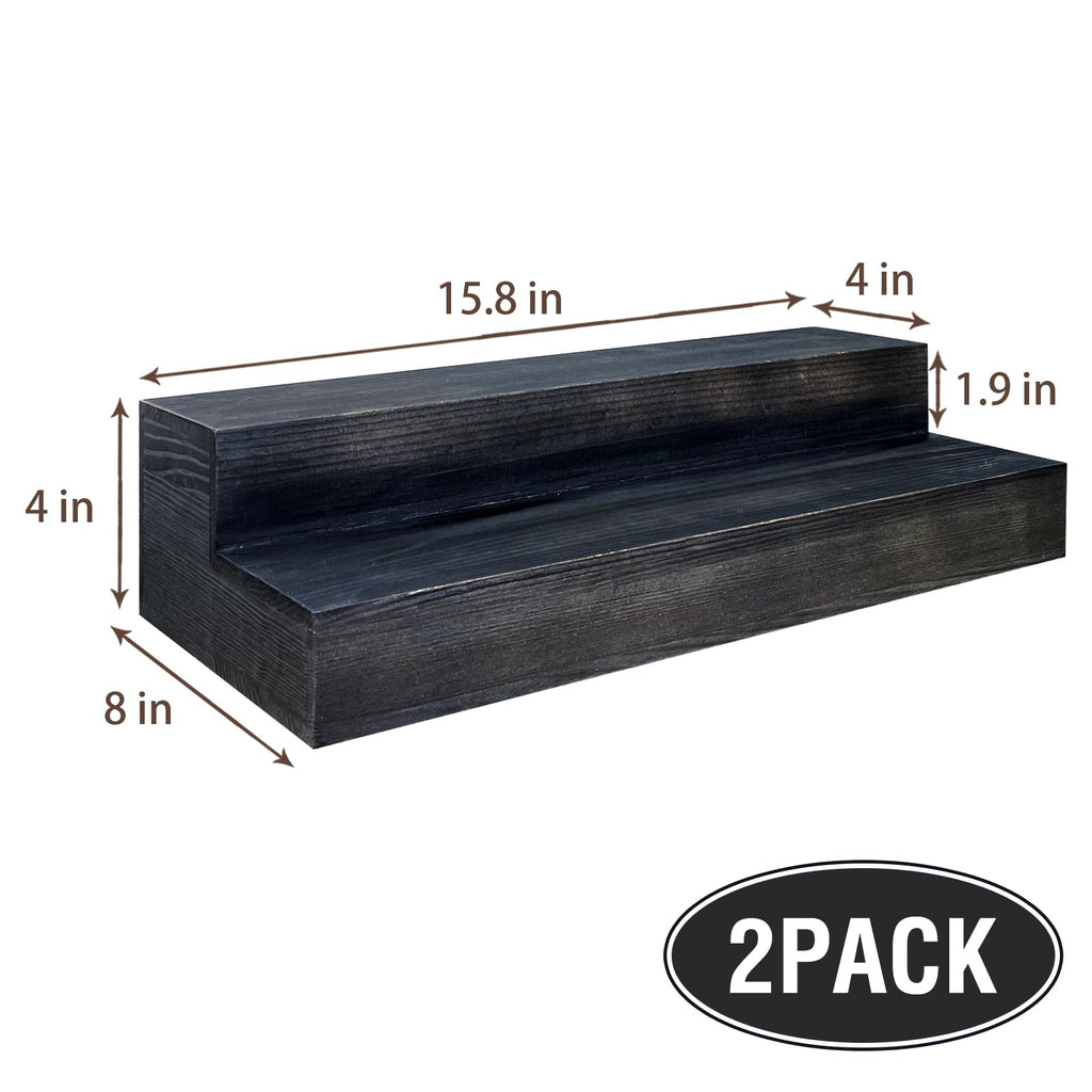 TONGMO 2 Pack Liquor Bottle Stand - 16 Inch 2 Tier Liquor Bar Bottle Display Shelf, Holds 16 Bottles, Solid Wood, No Installation Required (Black)