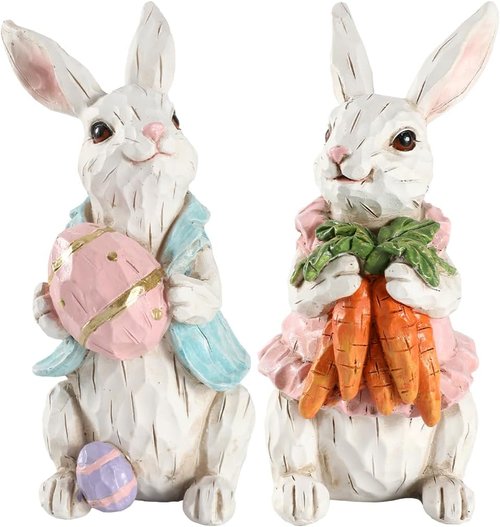 GoGnome Easter Bunny Figurines - Hand-Painted Resin Rabbits with Carrots & Eggs | Set of 2 (White)