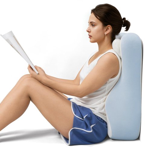 Ergonomic S Curve Reading Pillow for Sitting in Bed Adult- Back Pillow for Bed Sitting up with Adjustable Headrest- Memory Foam White, Blue