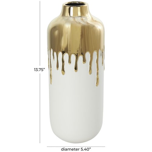 CosmoLiving by Cosmopolitan Ceramic Decorative Vase Centerpiece Vase with Abstract Gold Melting Drips, Flower Vase for Home Decoration 5" x 5" x 14", White