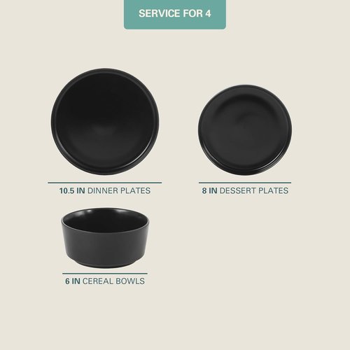 Gibson Home Dempsey Road 12-Piece Dinnerware Set - Modern Black Stoneware, Service for 4, Microwave & Dishwasher Safe