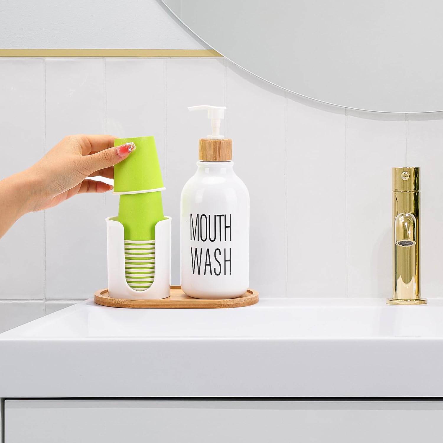 Skiennix Mouthwash Dispenser - Refillable 17oz Pump Bottle with Cup Holder & Tray for Bathroom Organization