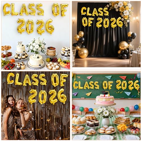 Gold Class of 2026 Balloons - 16 Inch Graduation Decor Set