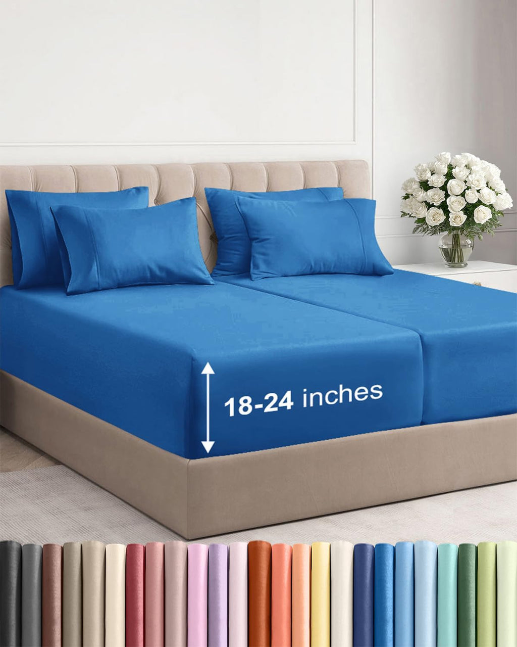 Skiennix Extra Deep Split King Sheet Set - 7 Piece Cooling Bedding - Soft, Wrinkle-Free Royal Blue