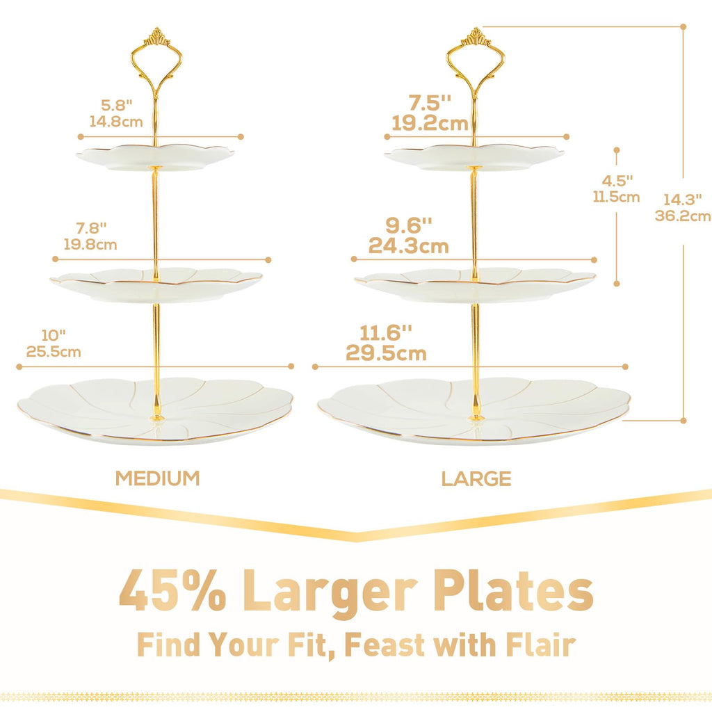 DUJUST Luxury Larger 3-Tier Cupcake Stand Tower, British Style Porcelain Serving Tray with Golden Trim, Food Grade Dessert Display Stand for Tea Party & Home Décor - 45% Larger Plates
