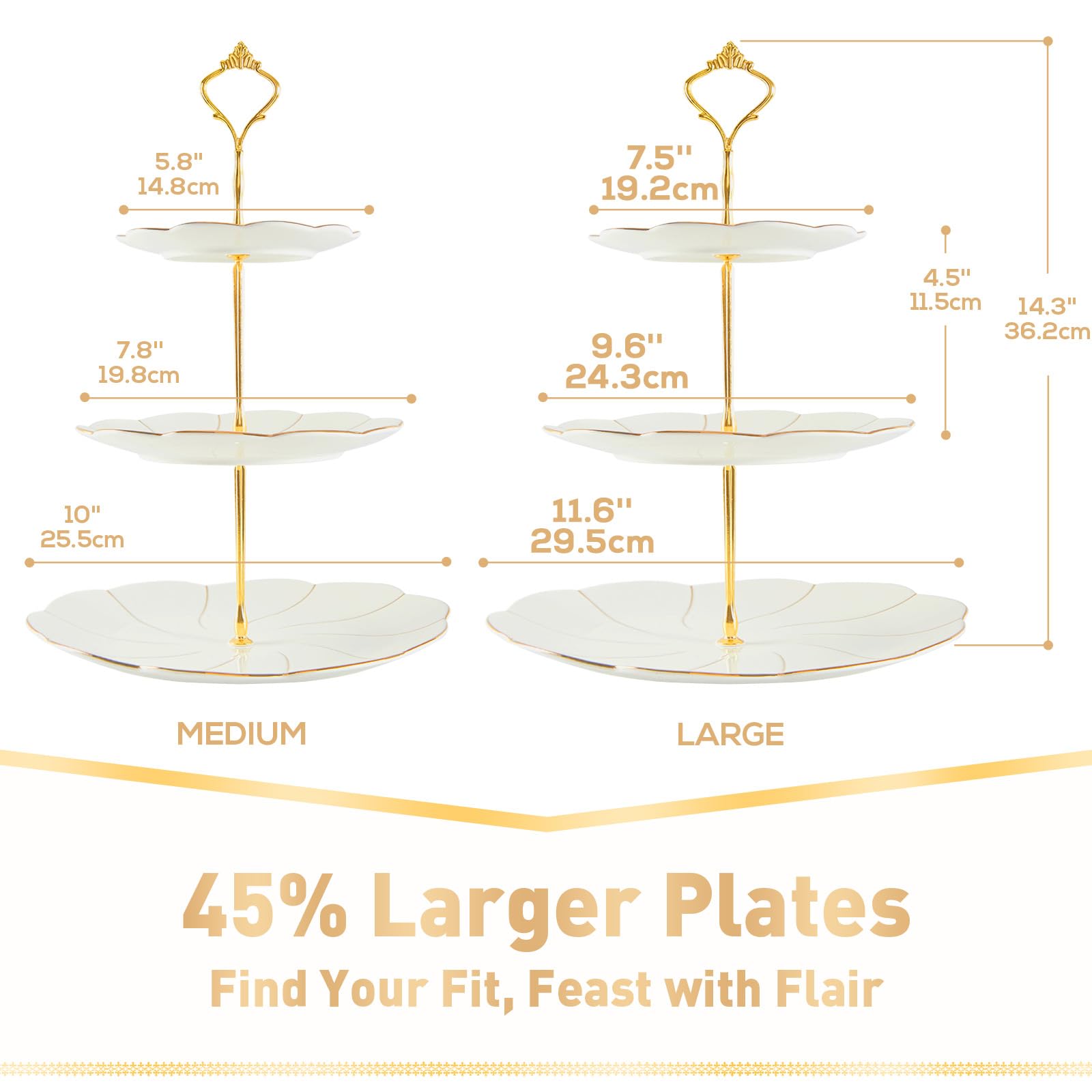 DUJUST Luxury Larger 3-Tier Cupcake Stand Tower, British Style Porcelain Serving Tray with Golden Trim, Food Grade Dessert Display Stand for Tea Party & Home Décor - 45% Larger Plates