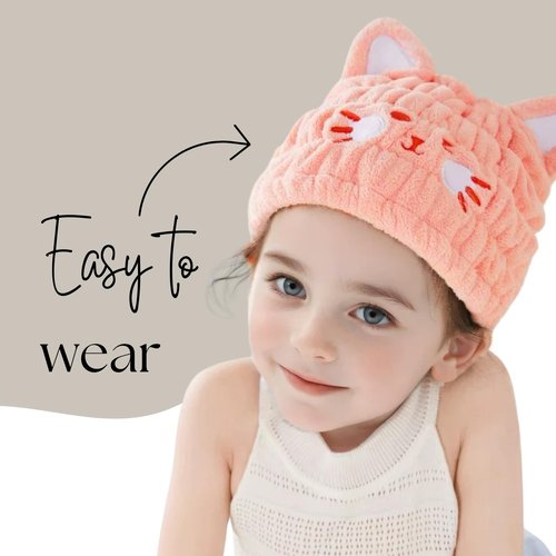 LCBD Microfiber Hair Towel Wrap for Kids, Pink Cat Dry Hair Cap Suck Water, Absorbent Quick Girls Boys Hair Drying Towel, Lightweight Bouncy Hat Headscarf