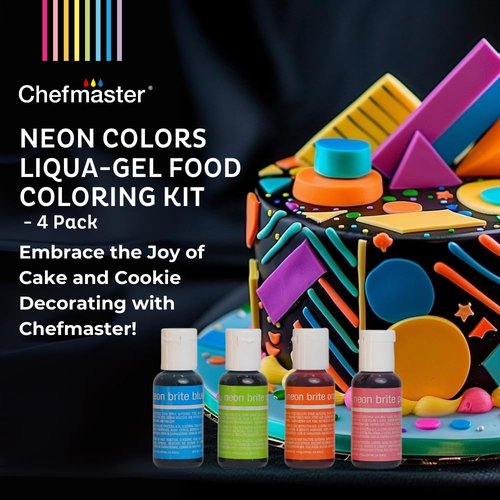 Chefmaster Neon Food Coloring Set - 4 Vibrant Liqua-Gel® Bottles for Professional Baking | Fade-Resistant, 0.67 oz