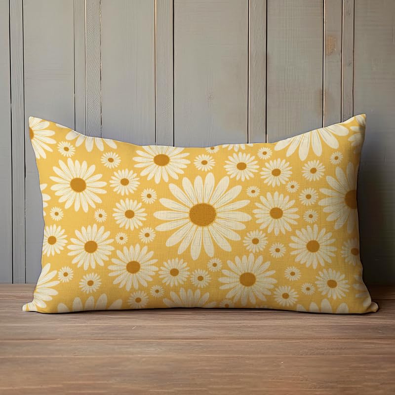 Fahrendom Daisy Flower Lumbar Pillow Cover 12x20 - Yellow Cotton Linen