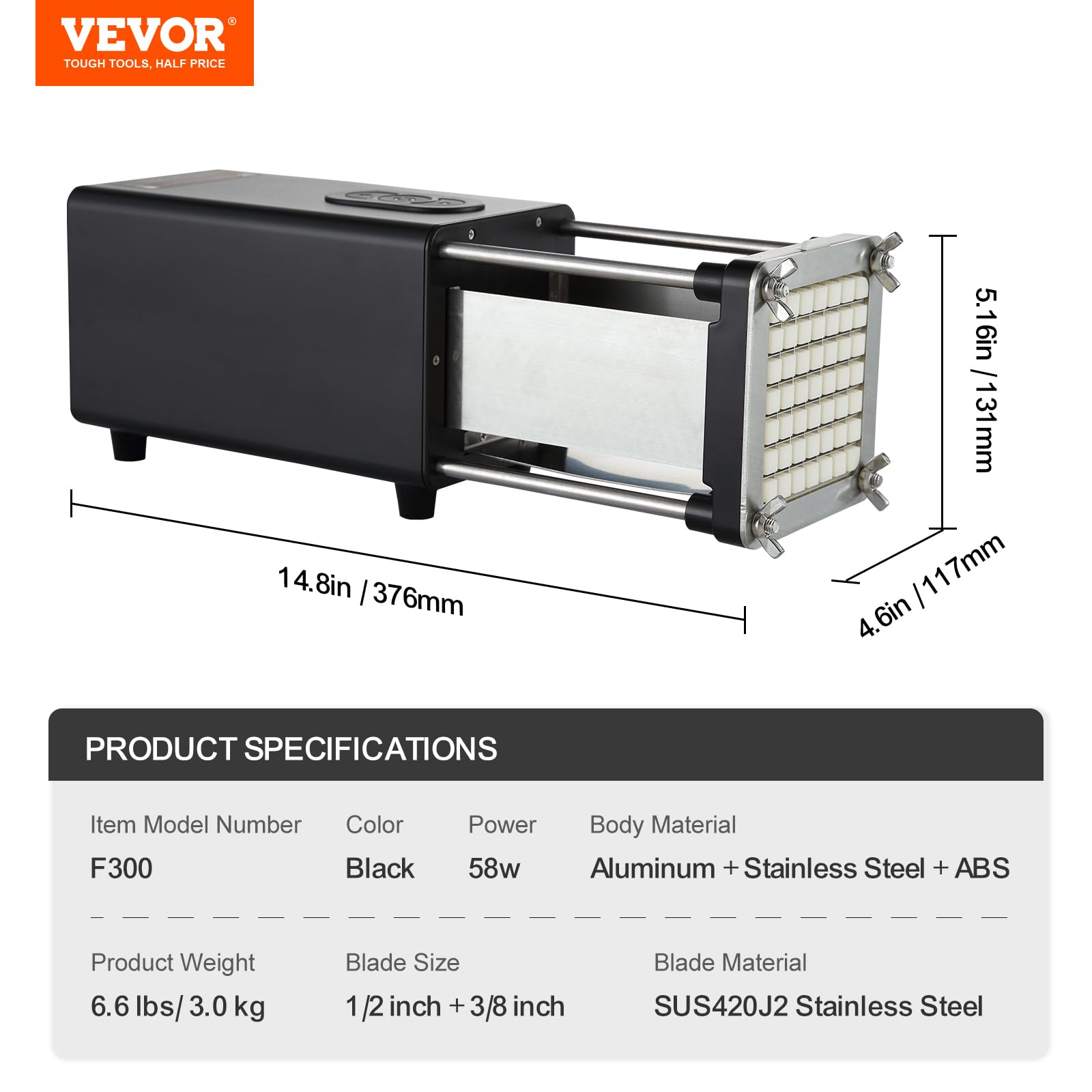 VEVOR Electric French Fry Cutter, Potato Slicer with 1/2-Inch and 3/8-Inch Stainless Steel Blades, Potato Cutter Chopper w/Anti-slip Feet, Great for Potato, French Fries, Cucumber, Vegetables, Carrot