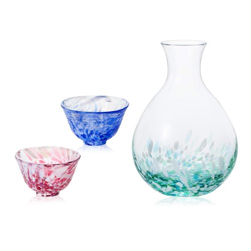 Japanese Handcrafted Cup Set – Traditional Glassware for Cold Beverages, Made in Japan (Nebuta Sake Decanter with 2 Cups Set(Pink and Blue), Decanter (12.3 fl oz - 365ml), Cup (1.7 oz - 50ml))