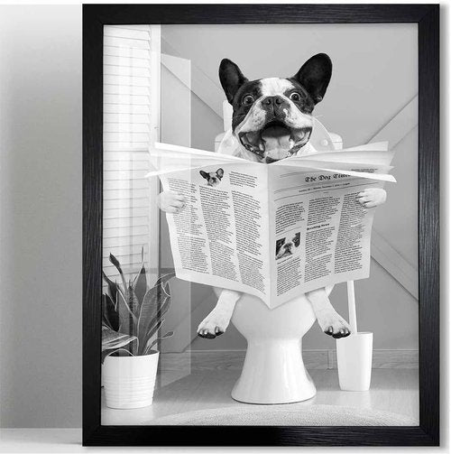 Biufo Framed Dog Reading Newspaper Canvas Wall Art - Charming Bathroom Decor (11"x14")