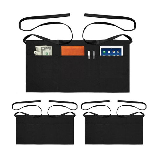 LOHYILYE 3 Pack Waitress Aprons with 3 Pockets, Server Apron for Waitress Waiter, Waist Half Serving Black Apron for Women Men, 12 inch