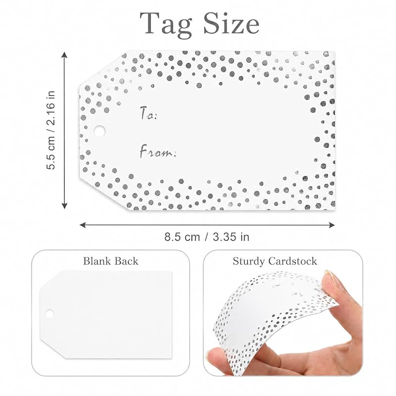 G2PLUS Silver Dot Gift Tags To & From - 50 Pcs with White Kraft Paper, Twine, 2x3.3 In - Silver Dots