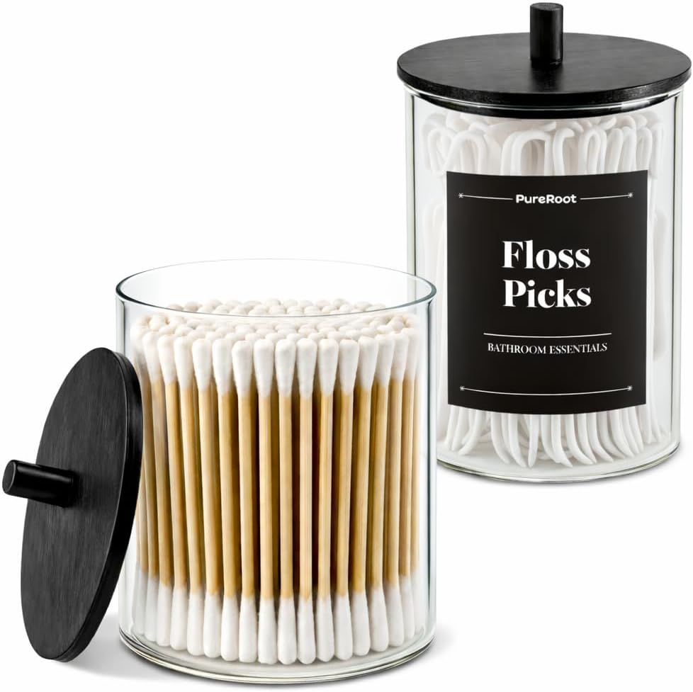 Skiennix Glass Qtip Holder Dispenser Set - 15oz & 10oz Cotton Swab Storage with Black Wooden Lids | Bathroom Organizer (2 Pack)
