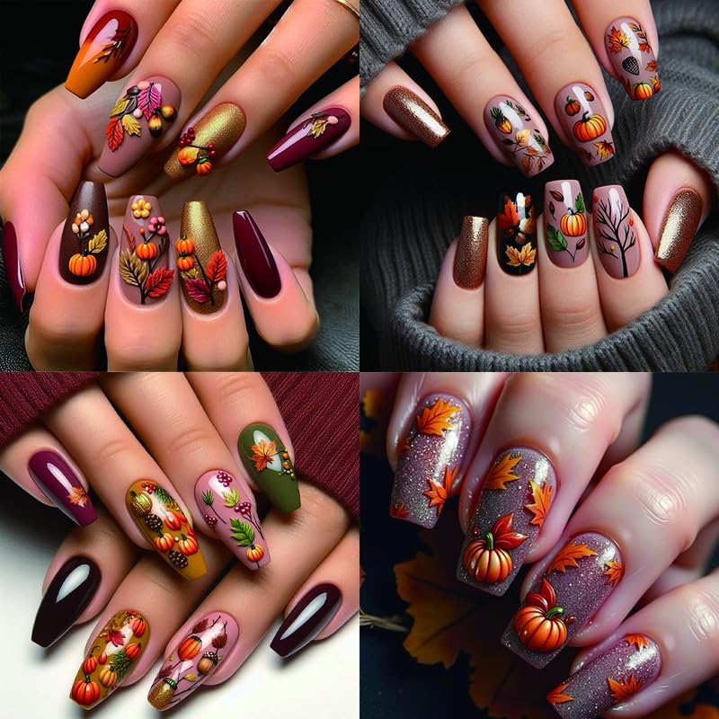 Fall Colorful 3D Self-Adhesive Nail Stickers Maple Leaves Pumpkin