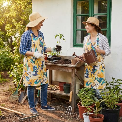 Floral Apron for Women with Pockets - Adjustable Kitchen Chef Apron
