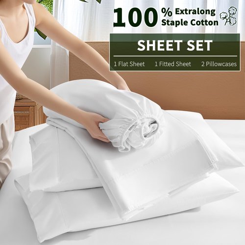 AiAngu 100% Egyptian Cotton Sheet Set 4 Piece, Luxury 1000 Thread Count Queen Sheets, Breathable & Cooling Sheets, 16" Deep Pocket, Machine Washable, Hotel Style Home Bedding(King,White)