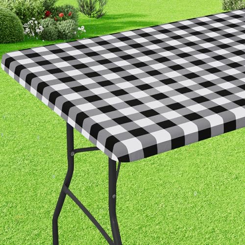 Waterproof Black and White Buffalo Picnic Tablecloth, 6ft Fitted Vinyl Cover