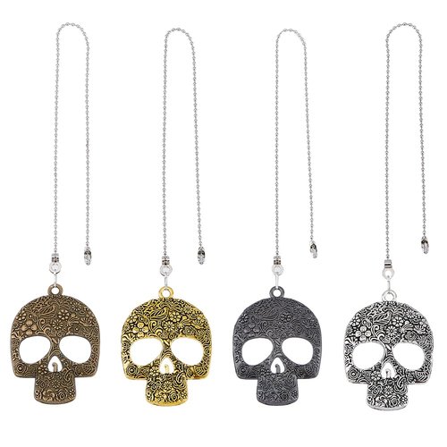 HOBBIESAY 4pcs 15.39Inch Alloy Skull Ceiling Fan Pull Chain 44mm Pendant Retro Fan Zipper and Ball Chain Connector Metal Extension Chain for Bathroom, Bedroom, Living Room Lighting Decoration
