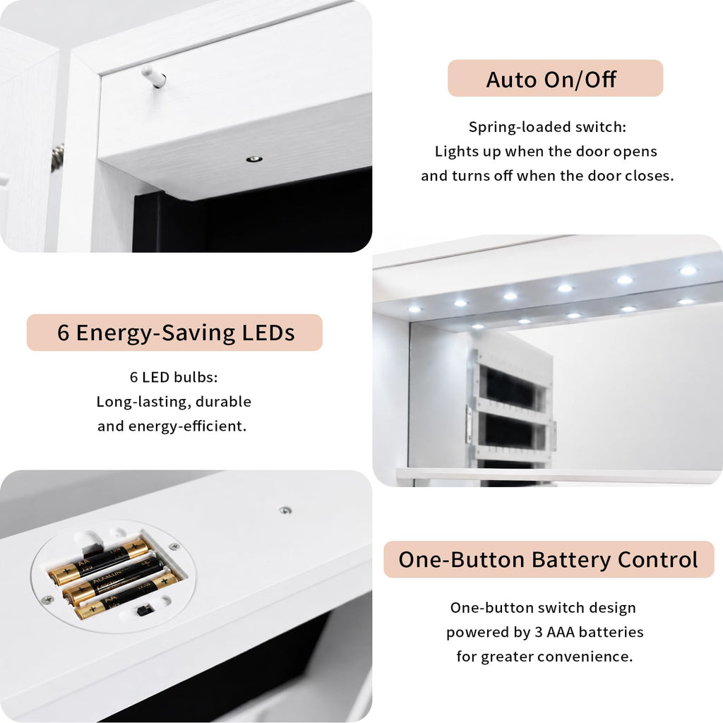 JOYUSAEN Over the Door Jewelry Organizer, Wall Mounted Jewelry Cabinet, Hanging Mirror with Storage Box, Wall/Door Mounted Full Length Mirror with LED