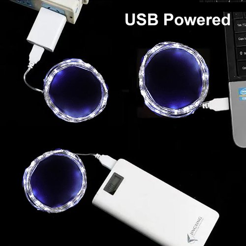 Soseelnee USB Fairy String Lights, 2m/6.56ft 20 LEDs USB Plug and Play Indoor DIY Decor Lamp for Parties Christmas Tree-Silver Wire Light 3 Pack (White)