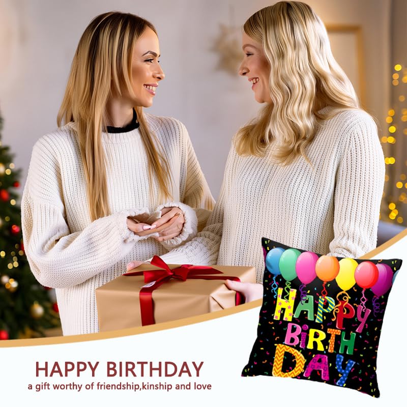 Happy Birthday Throw Pillow Cover 18x18 Inch - Black Balloon Design, Gift for Kids & Teens - Sisadodo