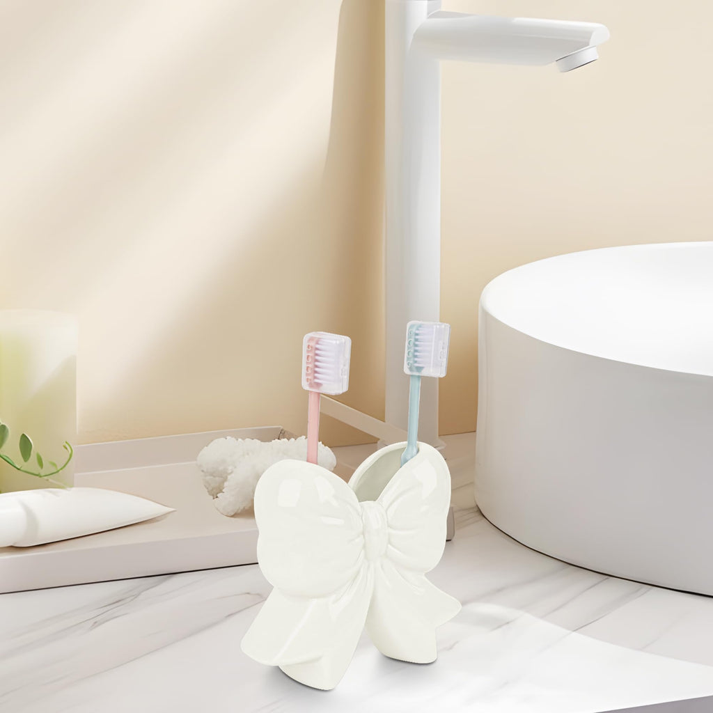 Biiange Cute Toothbrush Holder, Ceramic Bow Toothbrush Holder, with Drain Hole Bathroom Countertop Accessories, for Bathroom Canister Storage Organization, Vanity Makeup Organizer (White)