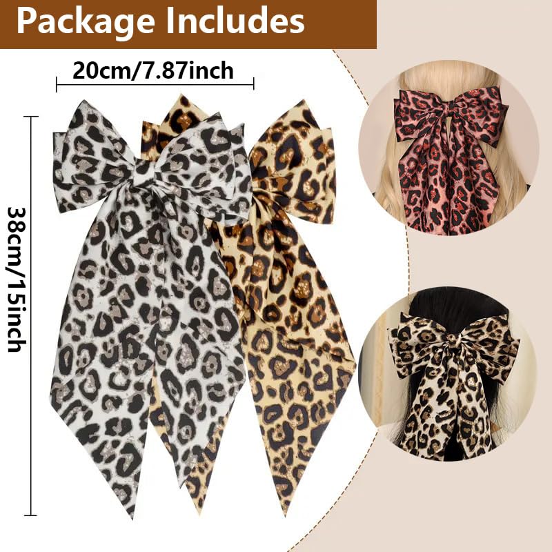 Yellow Leopard Print Satin Hair Bow Clip with Long Tail