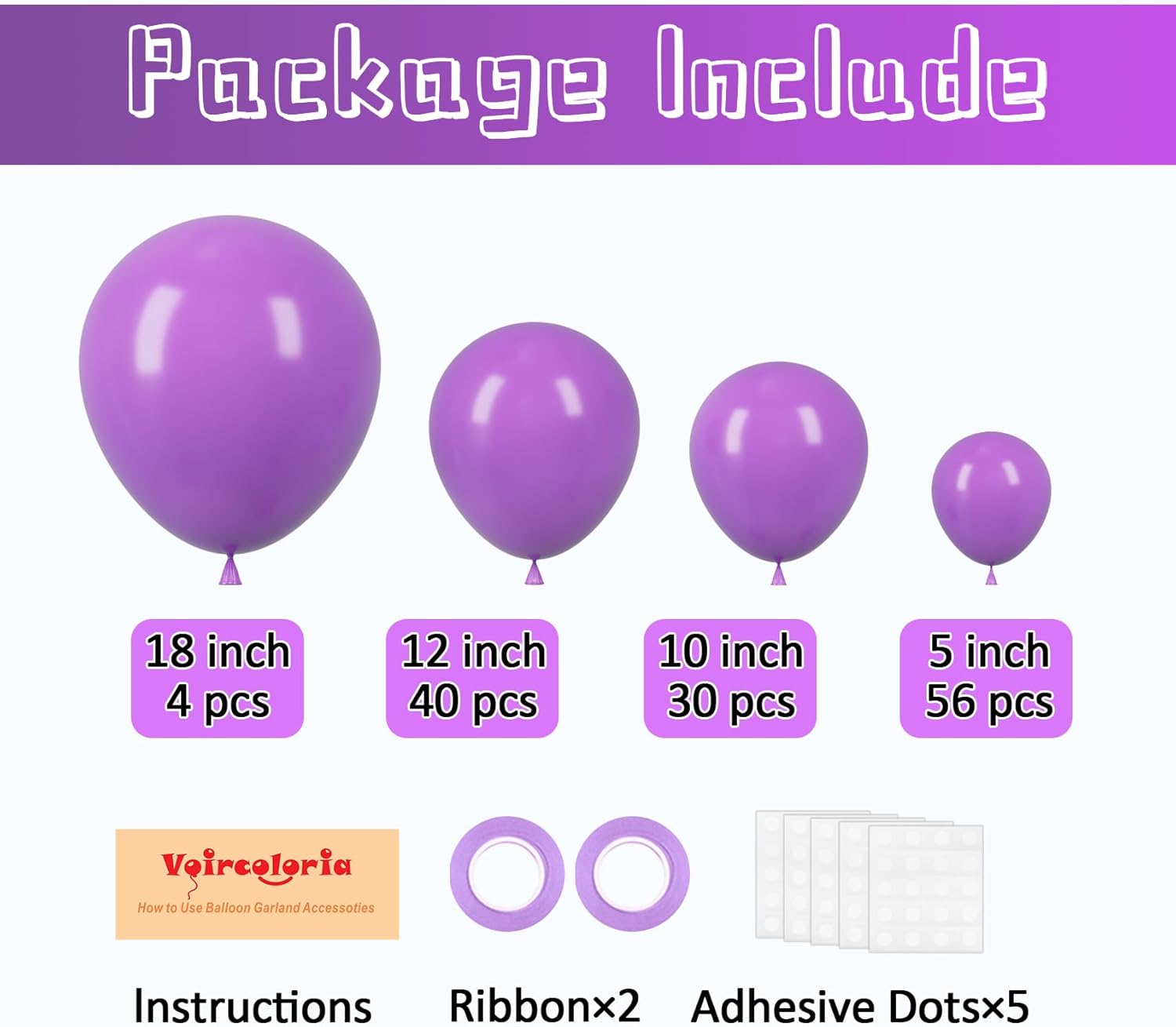 Voircoloria 130-Piece Purple Latex Balloon Set - Various Sizes for Birthday, Baby Shower & Wedding Decor