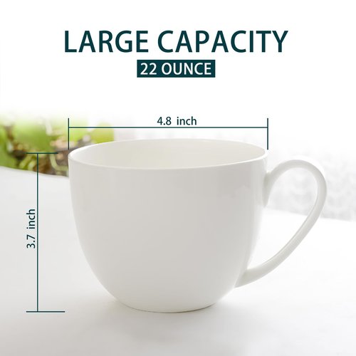 White Large Bone China Coffee Mugs Set of 6, 22 OZ Over 45% Bone China Content Oversized Porcelain Mugs for Cereal, Lightweight Soup Cups with Handles for Salad Tea, Hot Chocolate Cocoa Modern Design