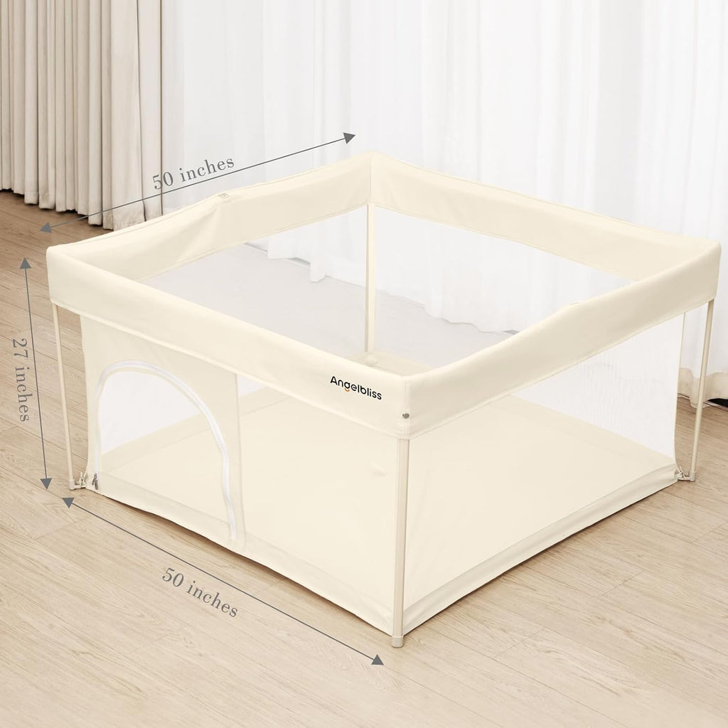 Regine Switzerland Foldable Baby Playpen - Portable 50" x 50" Play Yard with Breathable Mesh & ASTM F406 Certified (Beige)