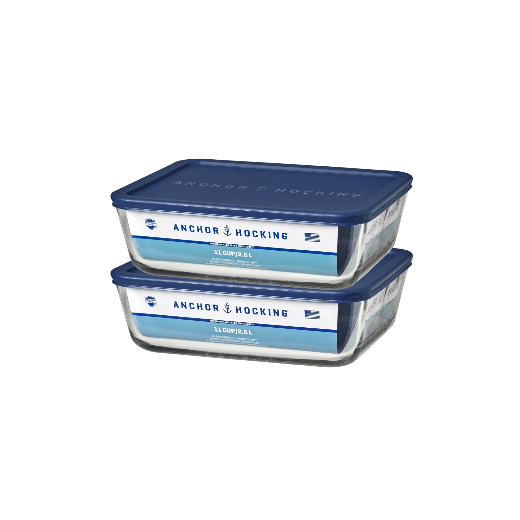 Anchor Hocking 11-Cup Glass Storage Containers with Lids, Set of 2 Glass Food Storage Containers with Navy SnugFit Lids