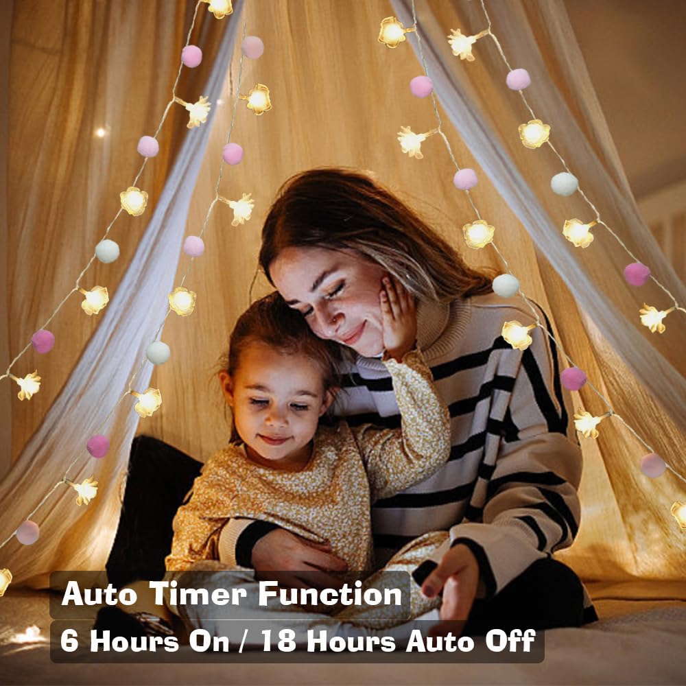 ChiRee 9.85Ft String Lights 20 Cute Pink Pompoms 20 LEDs Rose Fairy Lights Garland Battey Operated with Timer Flower Lights for Bedroom Kids Room Party Birthday Wedding Valentines Decorations