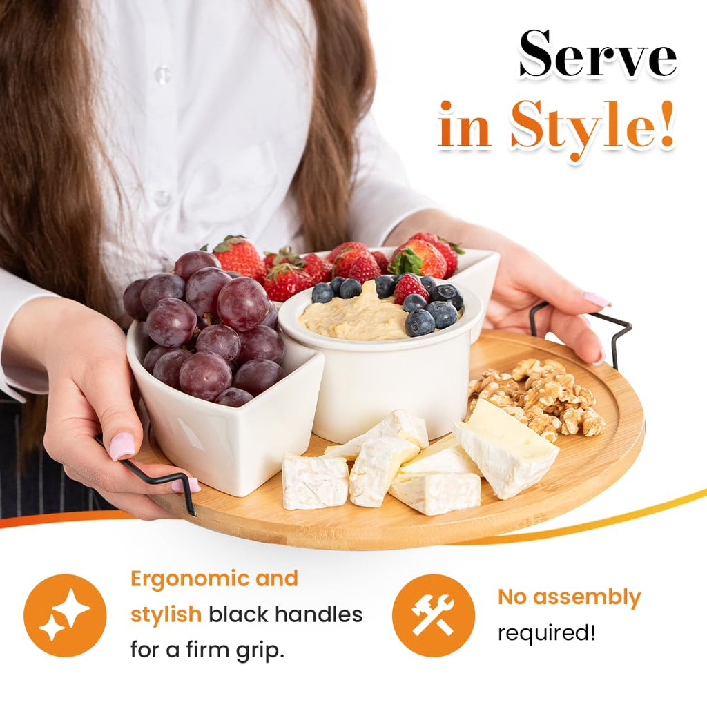 DEVA Home Design Chip and Dip Serving Set | Rotating Bamboo Lazy Susan Appetizer Tray with Black Handles | White Ceramic Bowls with Bamboo Lids | Divided Round Party Platter | Giftable