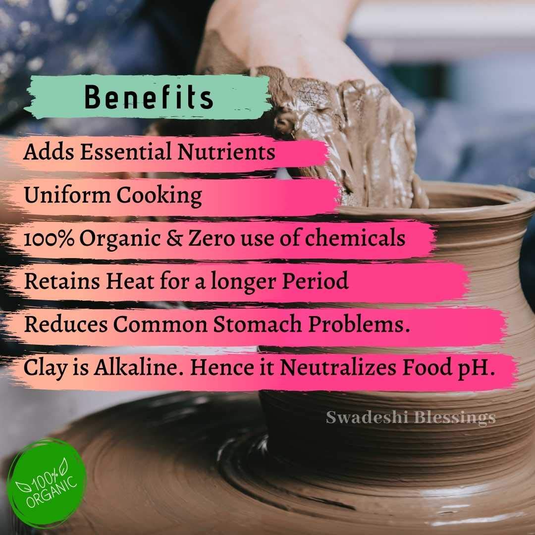Swadeshi Blessings Exclusive Range Unglazed Clay Pot For Cooking & Serving with Lid/Earthen Kadai/Mud Handi/Mitti Ke Bartan (With Mirror Shine) + ASH For Cleaning (3 Liters)