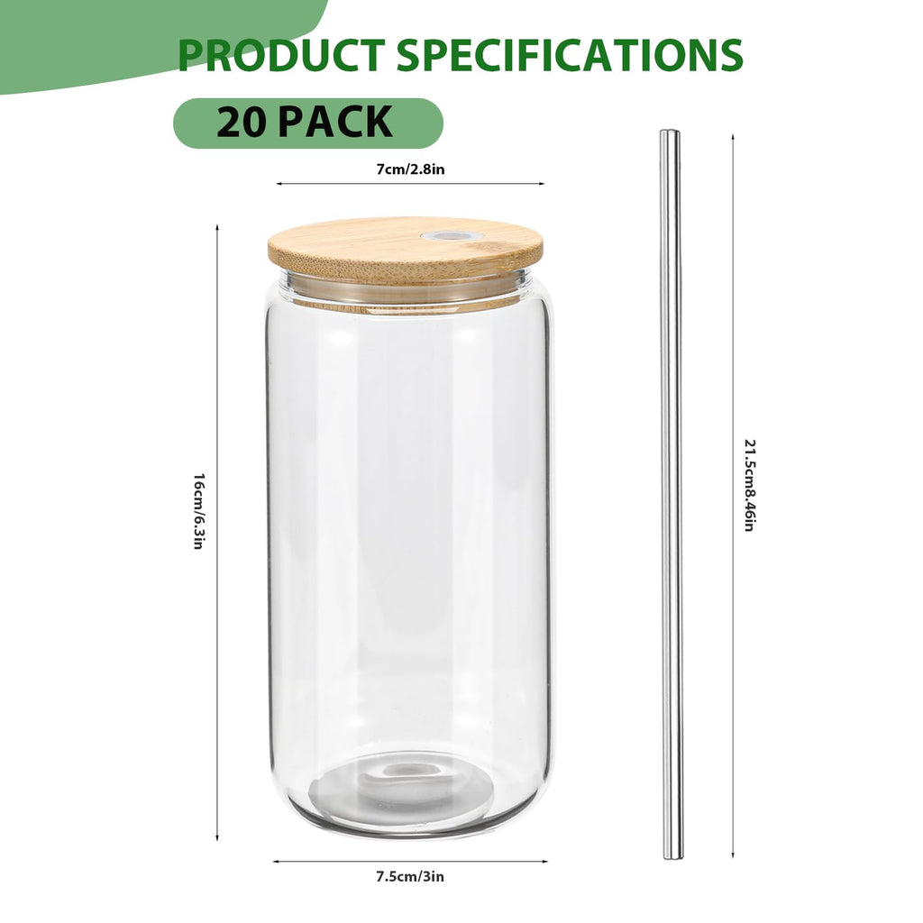 YOUKE OLA 20 Pack Glass Cups with Bamboo Lids and Metal Straw Can Shaped Drinking Glasses, Glass Tumbler Reusable Cute Cups for Whiskey, Iced Coffee, Tea, Soda, Cocktail, Gift, Clear 20oz