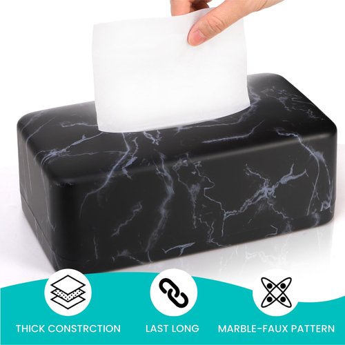 Nagpew Tissue Box Holder, Rectangular Napkin Dispenser Box Cover, Black Faux Marble Facial Dryer Sheet Towel Organizer Case for Bathroom, Bedroom, Restaurant, Cars