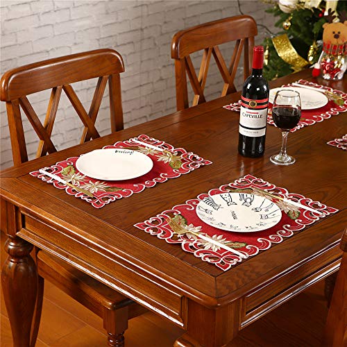 Christmas Placemats Set of 6 Burgundy Embroidered Poinsettia & Holly Holiday Table Decor