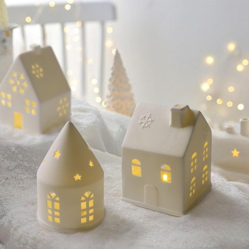 Christmas Village Sets - 3-Piece White Rustic Decor for Indoor Home Display | Farmhouse Tabletop Decorations