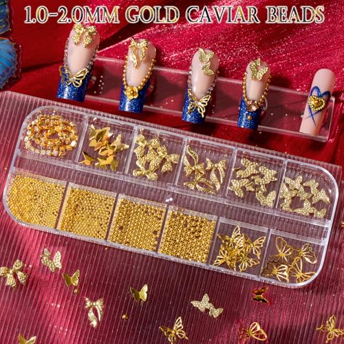 Ftimda Gold Nail Charms & Gems Kit - 3D Metal Art Rhinestones