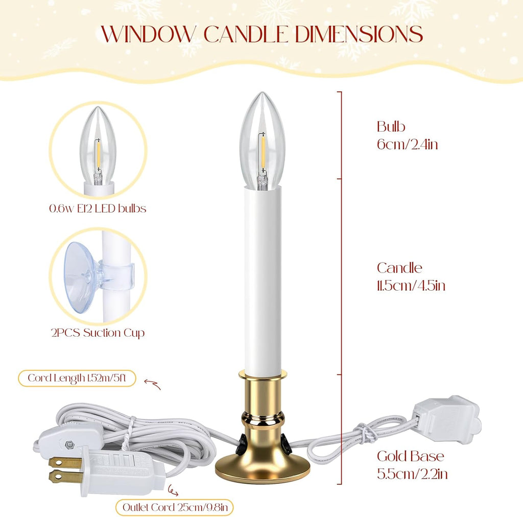Skiennix Christmas Electric Window Candle Lights - 2 Pack with Gold Base & 6FT Cord | Clear Bulb & Suction Cups