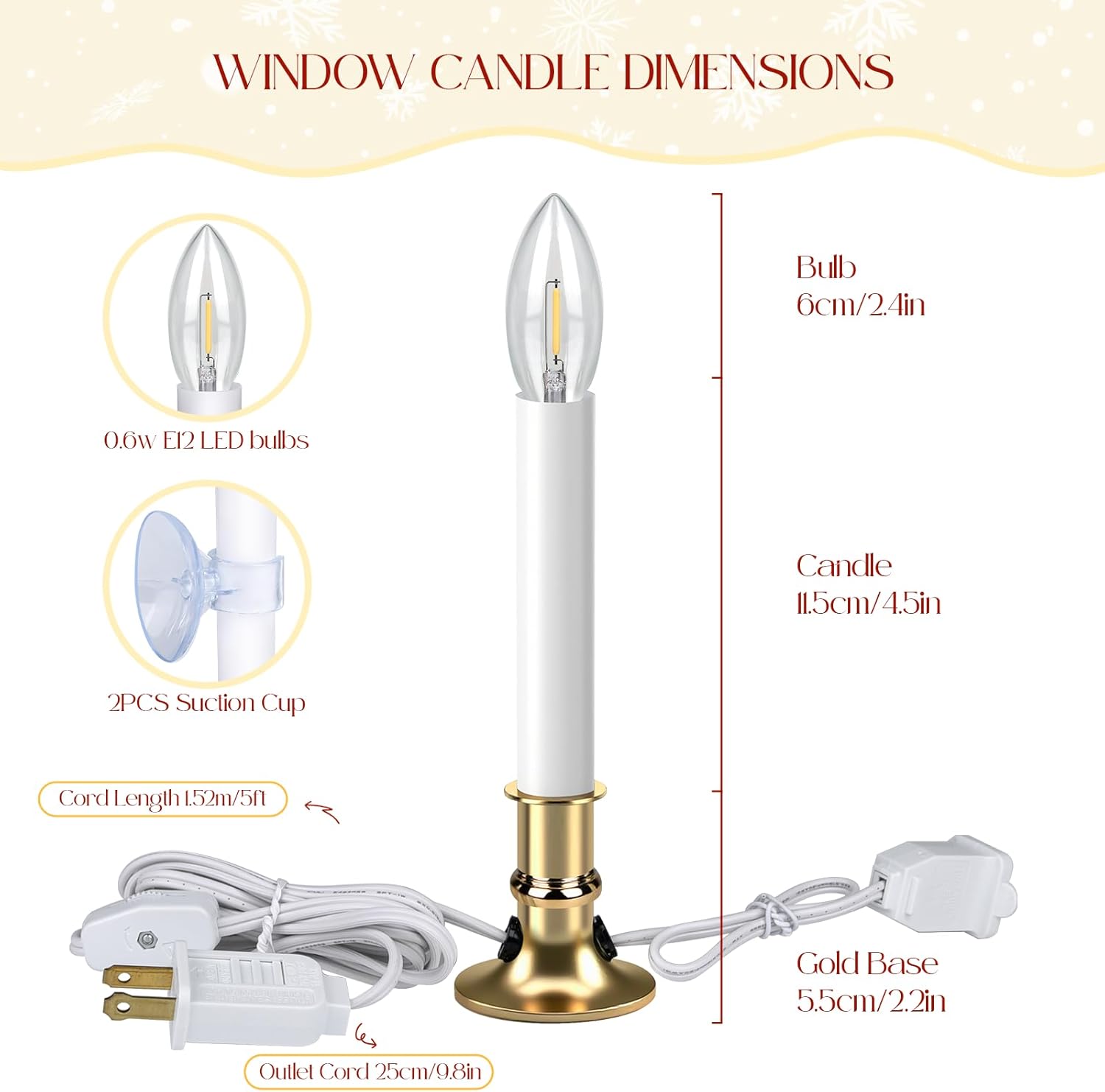 Skiennix Christmas Electric Window Candle Lights - 2 Pack with Gold Base & 6FT Cord | Clear Bulb & Suction Cups