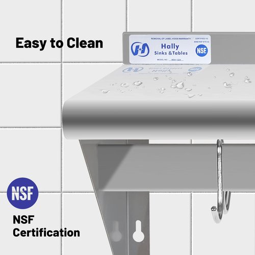 Hally Stainless Steel Shelf with 6 Hooks 18" x 48" Wall Mounted Pot Rack 400lb, NSF Commercial Floating Shelving for Storage Hanging Pots, Pans, cookware in Restaurant, Kitchen, Home and Hotel