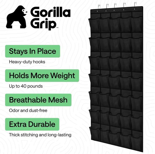 GORILLA GRIP Over The Door Shoe Organizer - 35 Large Breathable Mesh Pockets | Space-Saving Storage 68.5H x 24.5W Black