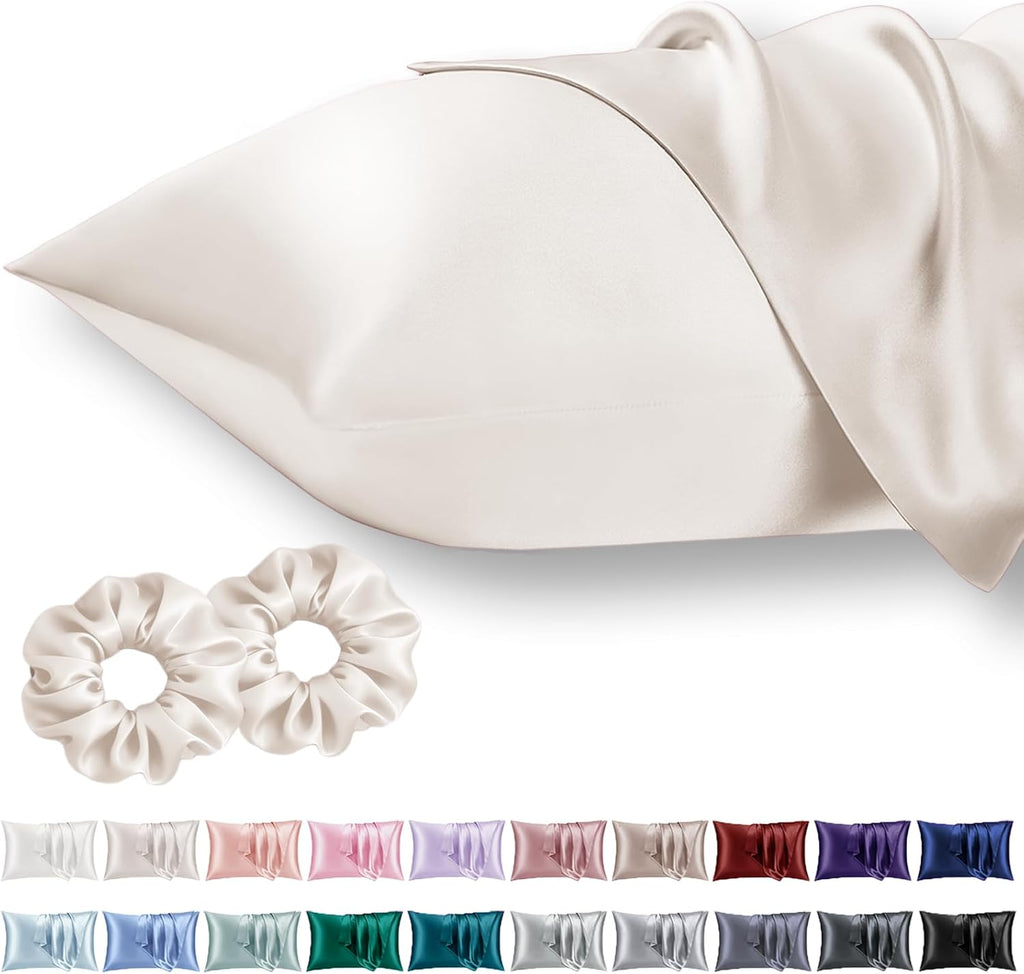 Skiennix Queen Satin Pillowcase Set - Luxurious Hair Care | 2 Beige Pillowcases 20x30 with Scrunchies