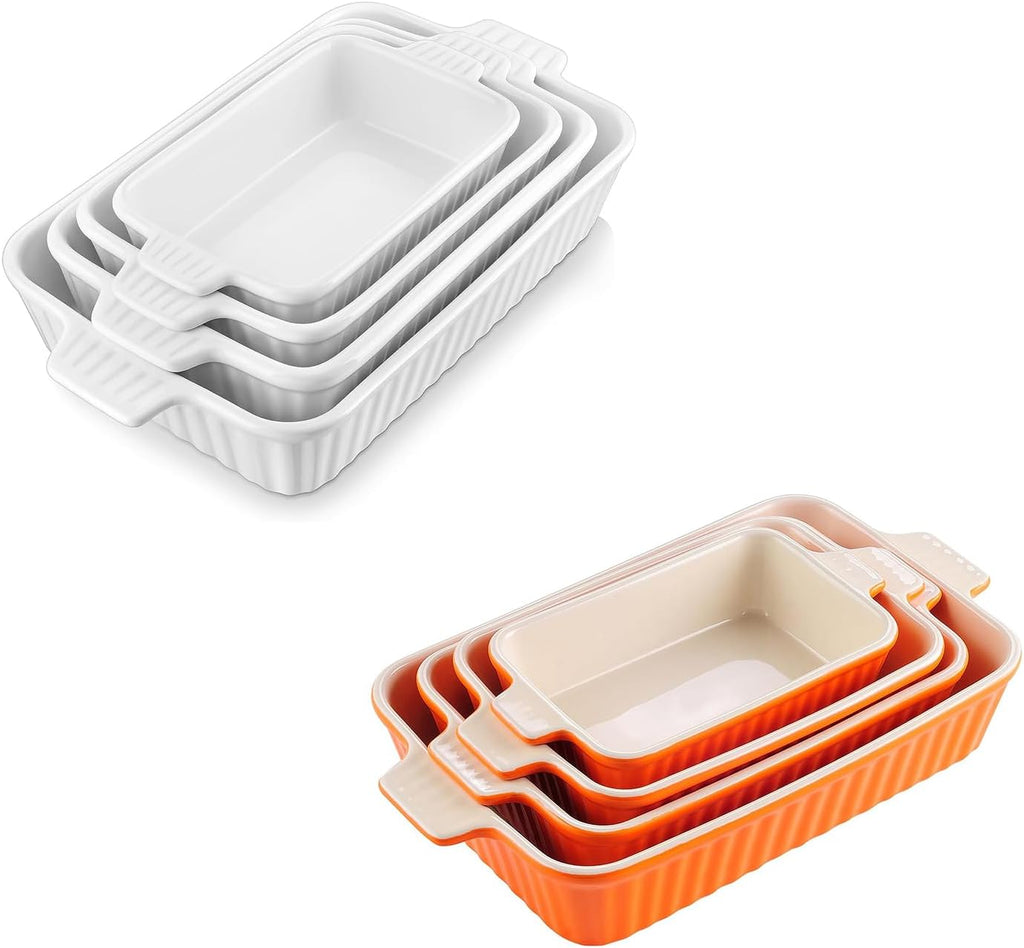 MALACASA Casserole Dishes - Porcelain Bakeware Set of 4 in White and Orange for Oven Cooking