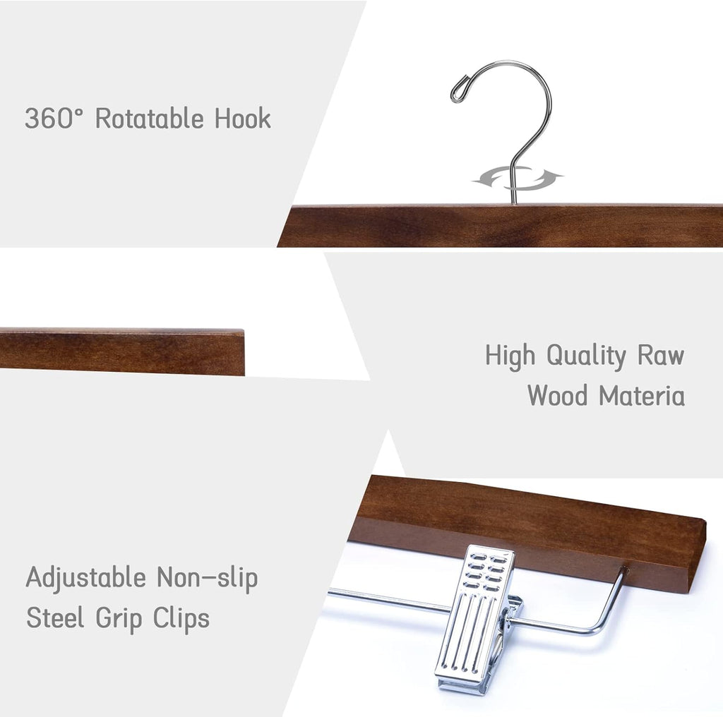 Nature Smile Wooden Trousers Hangers with Clips - 10 Retro Style Pants Holders