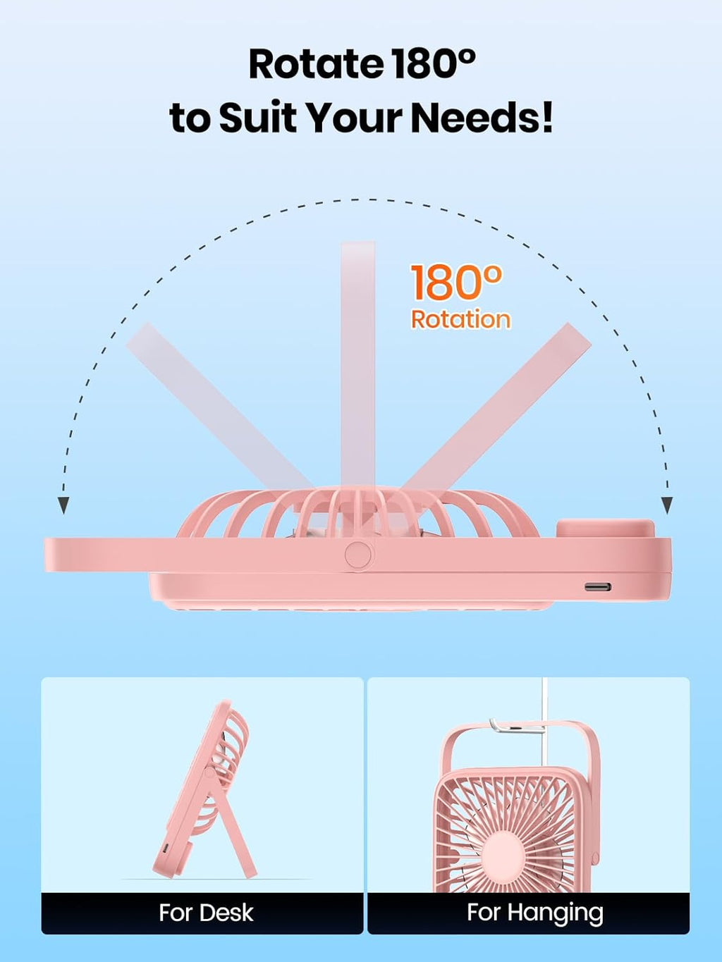 TOPK 5000mAh Portable Desk Fan - Ultra-Thin Rechargeable, Quiet 4-Speed Personal Fan | Ideal for Office & Travel