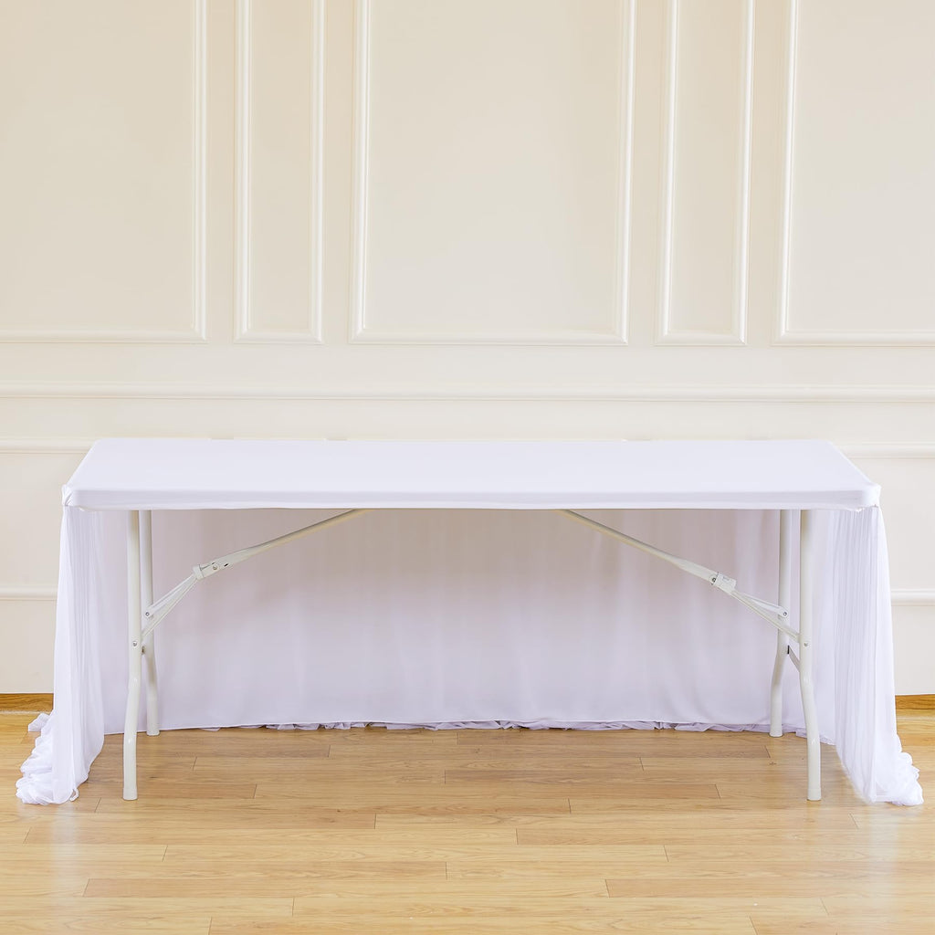 White Tulle Tablecloth 4Pack Stretchable Cross Table Cover 3 Sides for Wedding, Birthday, Party Decor, Banquet, Bridal Shower Fits Rectangle Tables 4ft